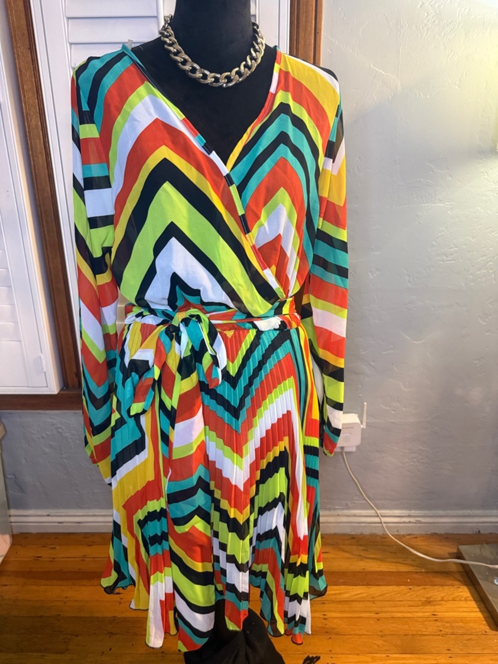 Chevron Multicolor Wrap Dress with Self-Tie Waist
